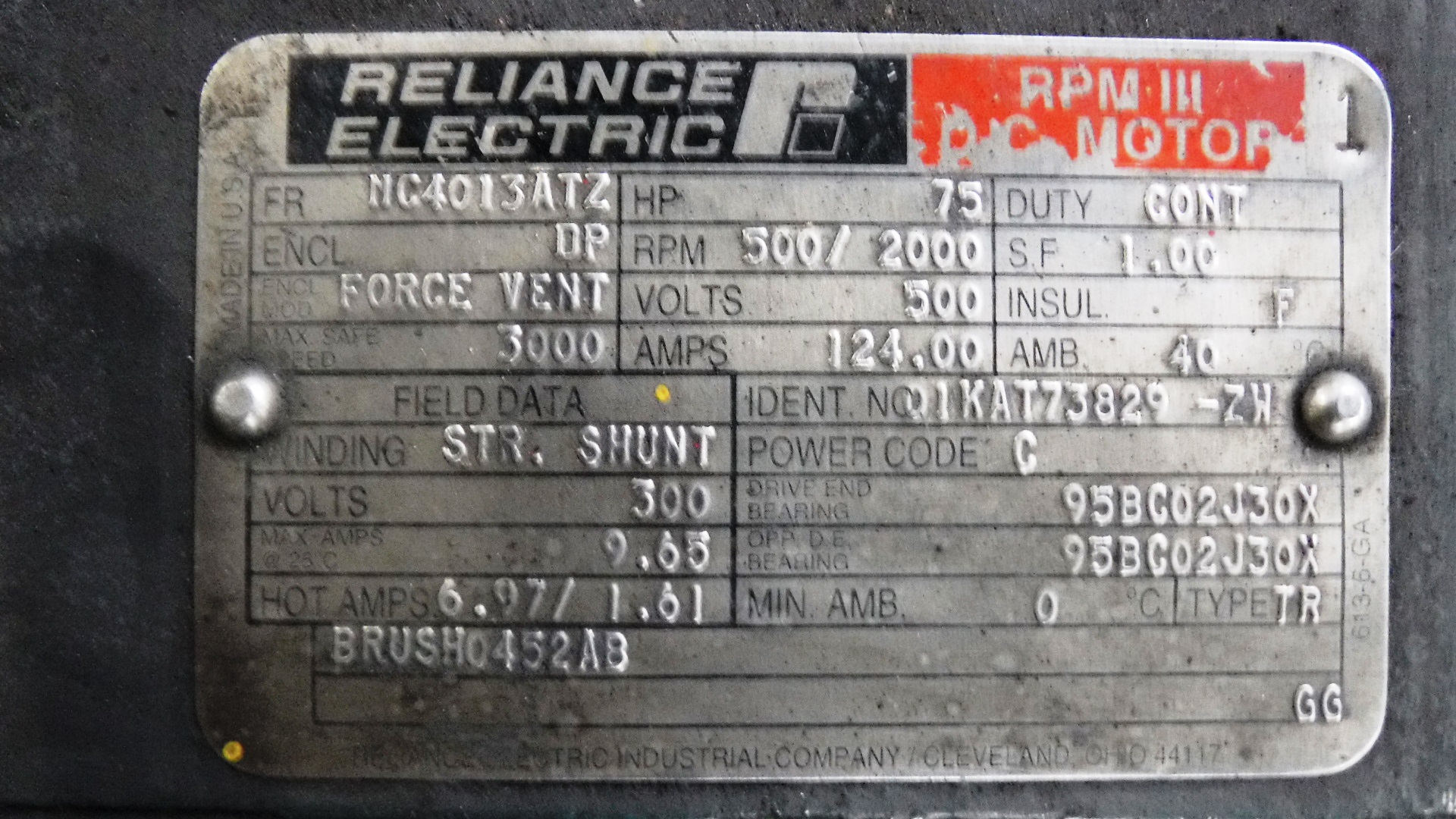 Reliance 75 HP 500/2000 RPM MC4013ATZ DC Motors 82118